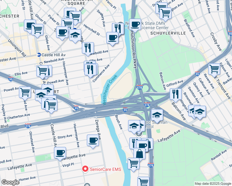 map of restaurants, bars, coffee shops, grocery stores, and more near 2501 Bruckner Boulevard in The Bronx