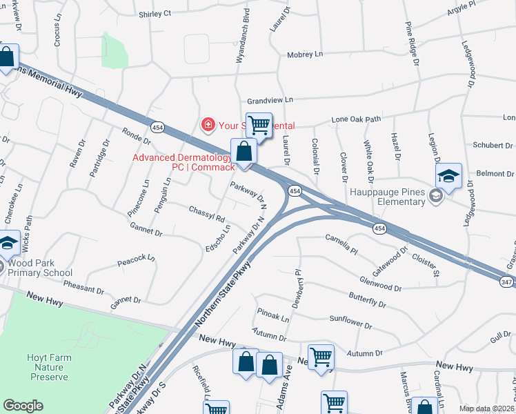 map of restaurants, bars, coffee shops, grocery stores, and more near 5 Pine Street in Commack