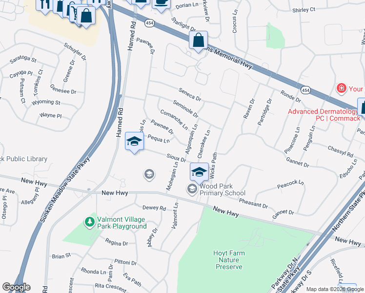 map of restaurants, bars, coffee shops, grocery stores, and more near 70 Pawnee Drive in Commack