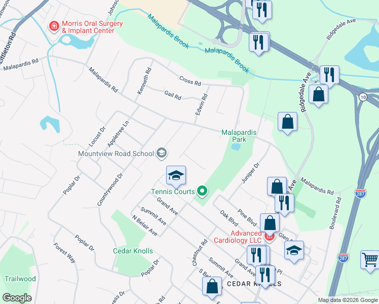 map of restaurants, bars, coffee shops, grocery stores, and more near 17 Parkside Drive in Hanover