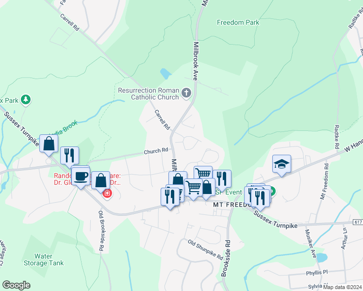 map of restaurants, bars, coffee shops, grocery stores, and more near 1 Sycamore Lane in Randolph