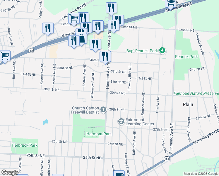 map of restaurants, bars, coffee shops, grocery stores, and more near in Canton