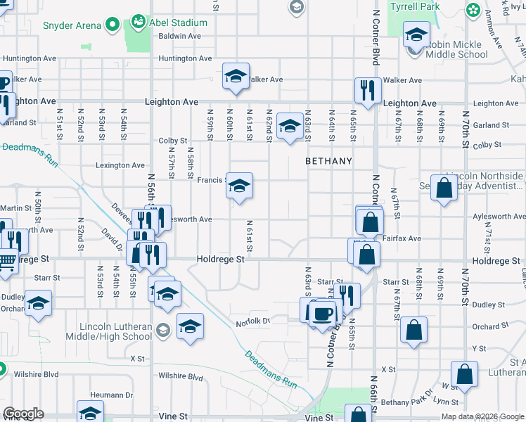 map of restaurants, bars, coffee shops, grocery stores, and more near 6140 Aylesworth Avenue in Lincoln