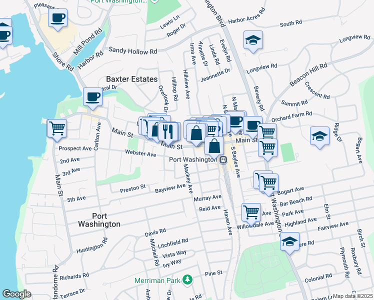 map of restaurants, bars, coffee shops, grocery stores, and more near 118 Main Street in Port Washington