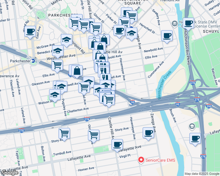 map of restaurants, bars, coffee shops, grocery stores, and more near 53 Cross Bronx Service Road North in Bronx