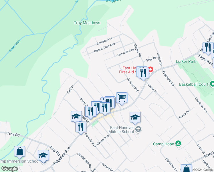 map of restaurants, bars, coffee shops, grocery stores, and more near Callahan Street in East Hanover