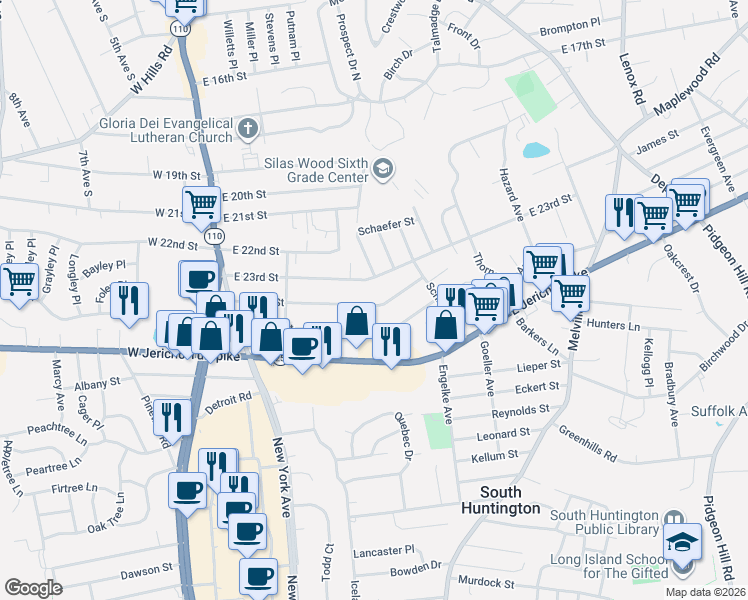 map of restaurants, bars, coffee shops, grocery stores, and more near 95 East 24th Street in Huntington Station