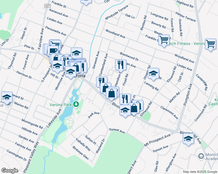 map of restaurants, bars, coffee shops, grocery stores, and more near 284 Claremont Avenue in Verona
