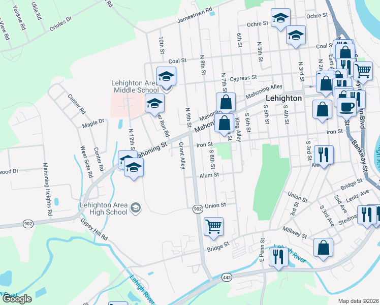 map of restaurants, bars, coffee shops, grocery stores, and more near 225 South 9th Street in Lehighton