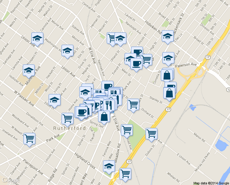 map of restaurants, bars, coffee shops, grocery stores, and more near 201 Railroad Avenue in East Rutherford