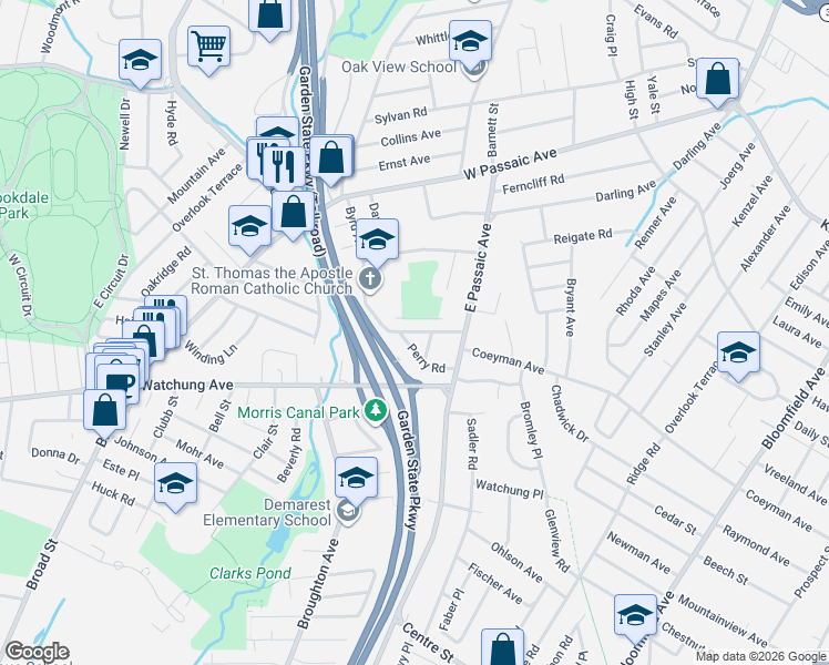 map of restaurants, bars, coffee shops, grocery stores, and more near 2 Rogers Place in Bloomfield