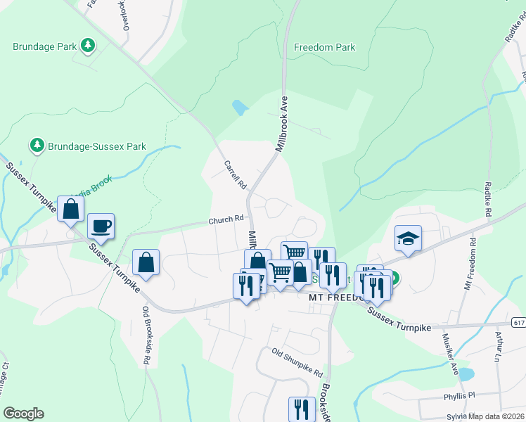 map of restaurants, bars, coffee shops, grocery stores, and more near 1 Sycamore Lane in Randolph