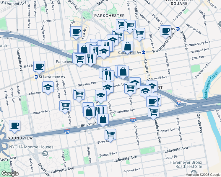 map of restaurants, bars, coffee shops, grocery stores, and more near 2010 Powell Avenue in Bronx