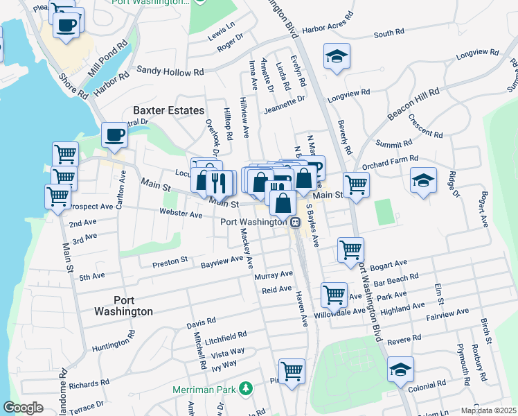 map of restaurants, bars, coffee shops, grocery stores, and more near 118 Main Street in Port Washington