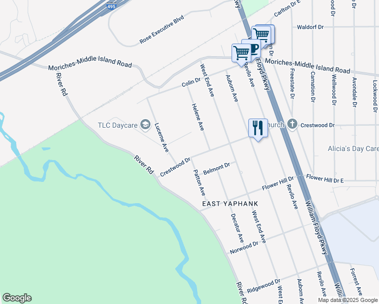 map of restaurants, bars, coffee shops, grocery stores, and more near 21 Crestwood Drive in Shirley