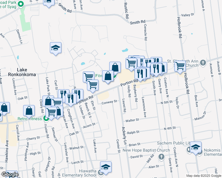 map of restaurants, bars, coffee shops, grocery stores, and more near 449 Portion Road in Ronkonkoma