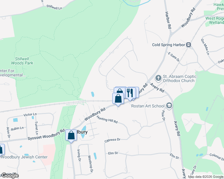 map of restaurants, bars, coffee shops, grocery stores, and more near 1 The Grasslands in Woodbury