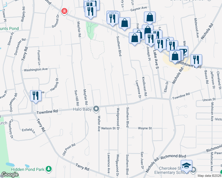 map of restaurants, bars, coffee shops, grocery stores, and more near 16 Locust Drive in Nesconset
