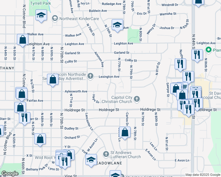map of restaurants, bars, coffee shops, grocery stores, and more near 1700 Urbana Lane in Lincoln