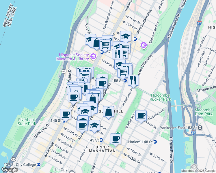map of restaurants, bars, coffee shops, grocery stores, and more near Amsterdam Avenue & West 153rd Street in New York