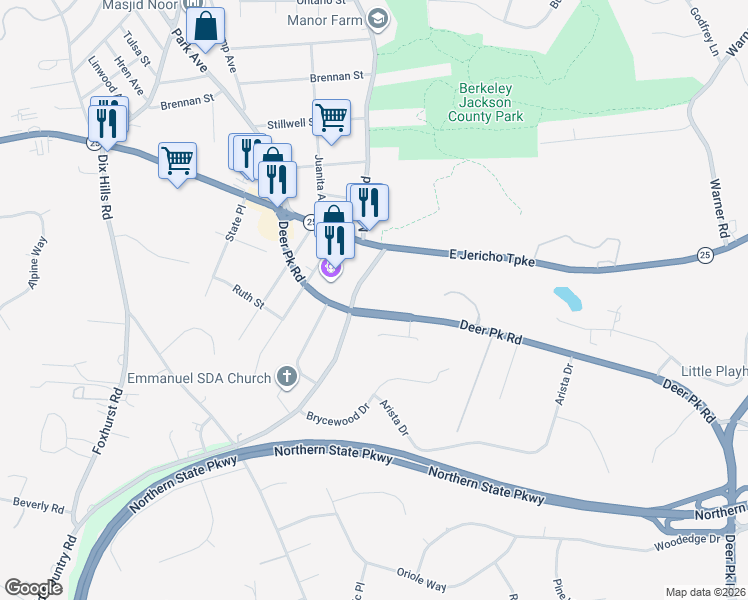 map of restaurants, bars, coffee shops, grocery stores, and more near 684 Old Country Road in Dix Hills