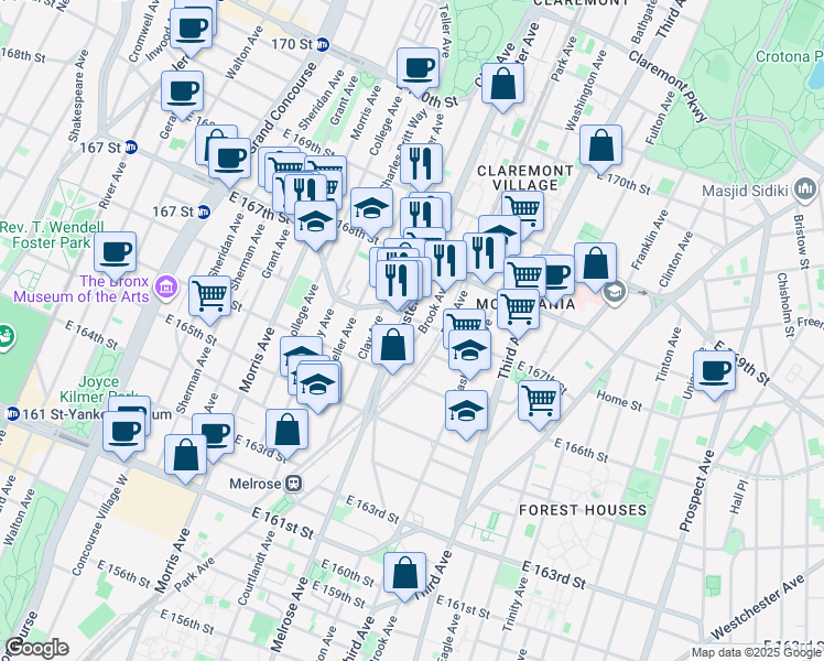 map of restaurants, bars, coffee shops, grocery stores, and more near 1135 Webster Avenue in Bronx