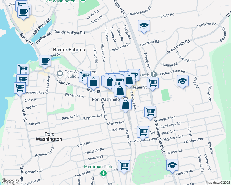 map of restaurants, bars, coffee shops, grocery stores, and more near 92 Main Street in Port Washington