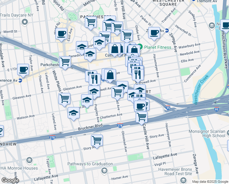 map of restaurants, bars, coffee shops, grocery stores, and more near 1117 Olmstead Avenue in The Bronx