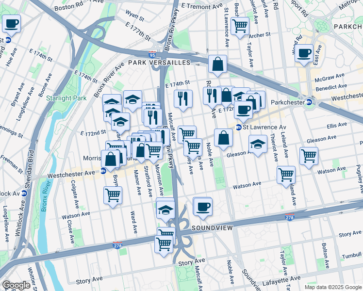 map of restaurants, bars, coffee shops, grocery stores, and more near in Bronx