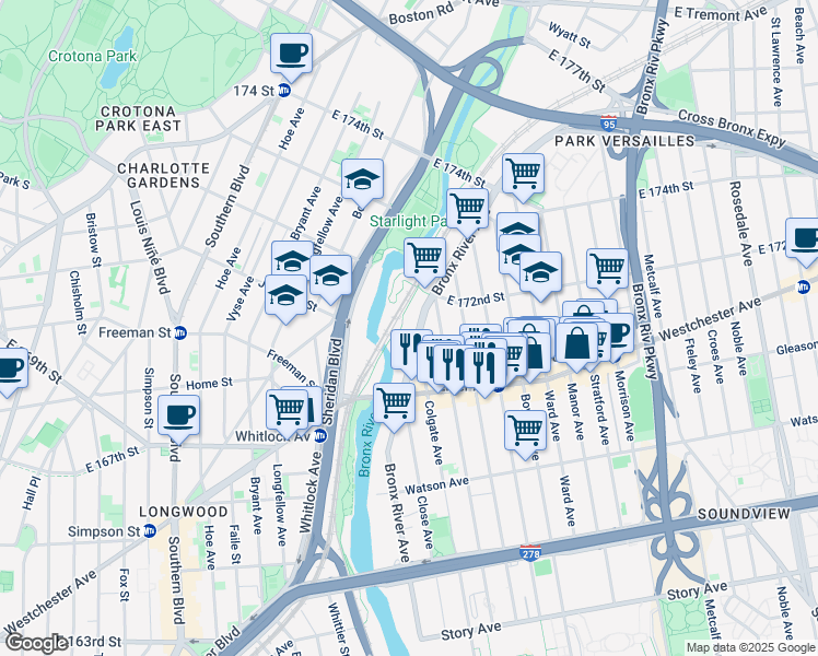 map of restaurants, bars, coffee shops, grocery stores, and more near 1253 Bronx River Avenue in Bronx
