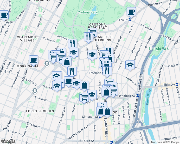 map of restaurants, bars, coffee shops, grocery stores, and more near 892 Freeman Street in Bronx