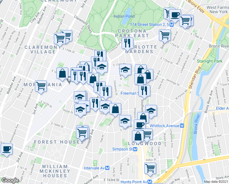 map of restaurants, bars, coffee shops, grocery stores, and more near 1289 Chisholm Street in Bronx