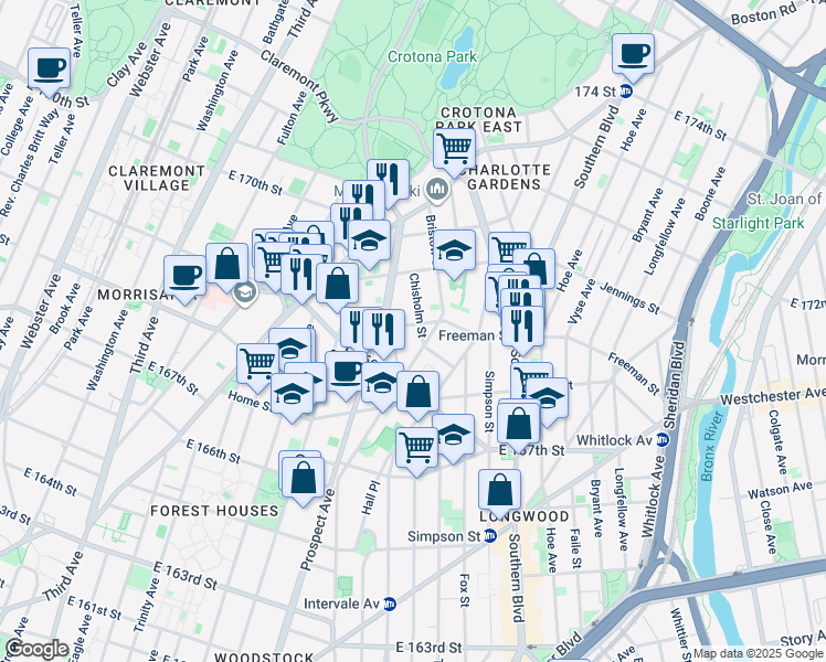 map of restaurants, bars, coffee shops, grocery stores, and more near 1289 Chisholm Street in Bronx