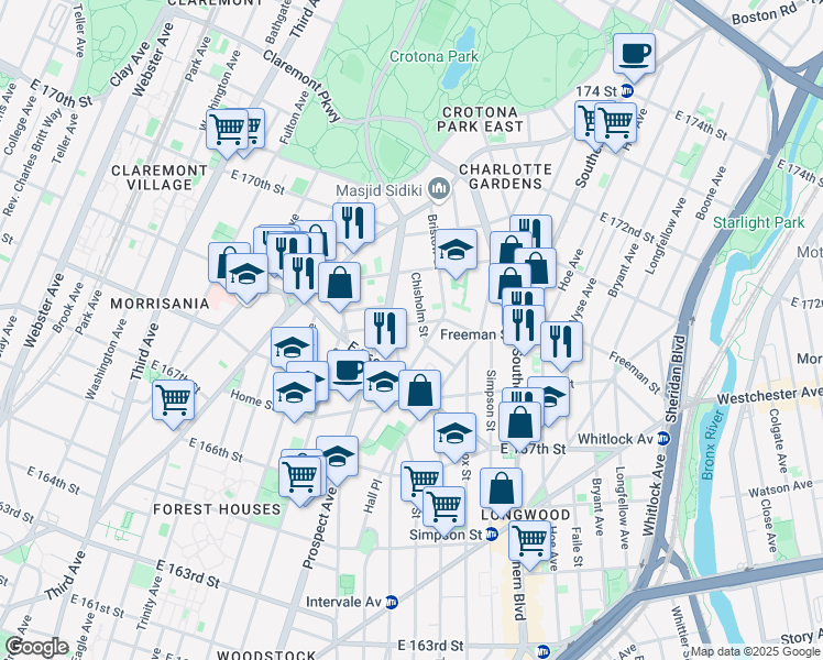 map of restaurants, bars, coffee shops, grocery stores, and more near 1289 Chisholm Street in Bronx