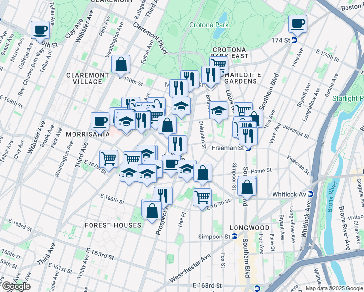 map of restaurants, bars, coffee shops, grocery stores, and more near 1347 Prospect Avenue in Bronx
