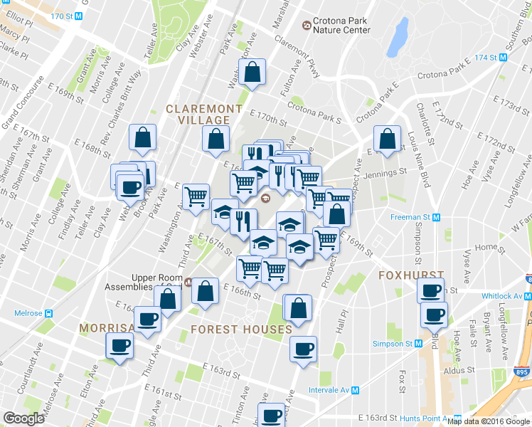 map of restaurants, bars, coffee shops, grocery stores, and more near 1225 Boston Road in Bronx