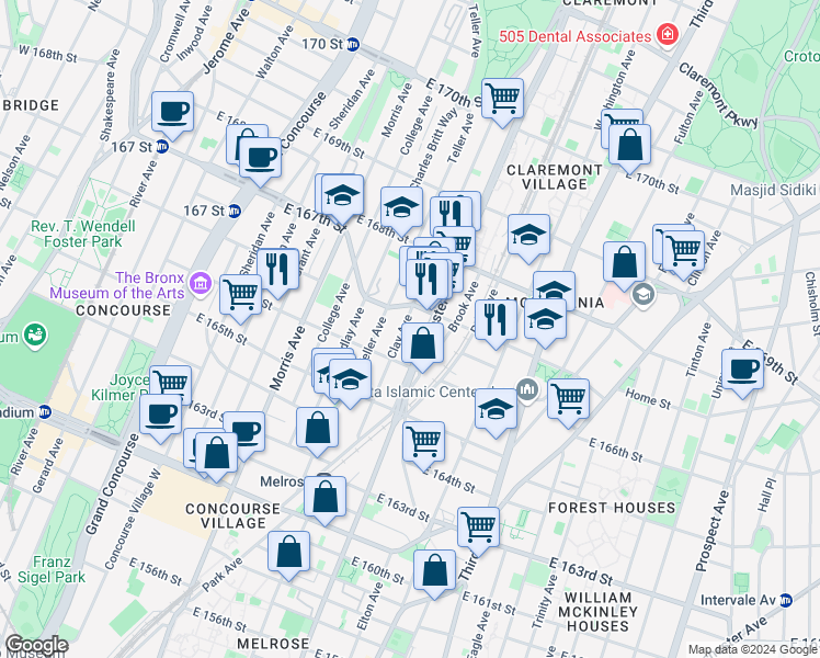 map of restaurants, bars, coffee shops, grocery stores, and more near 1135 Webster Avenue in Bronx
