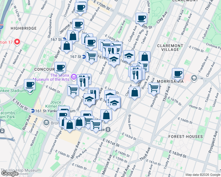 map of restaurants, bars, coffee shops, grocery stores, and more near in The Bronx