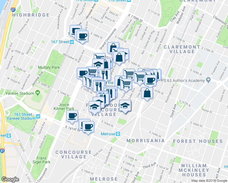 map of restaurants, bars, coffee shops, grocery stores, and more near 1040 Morris Avenue in The Bronx