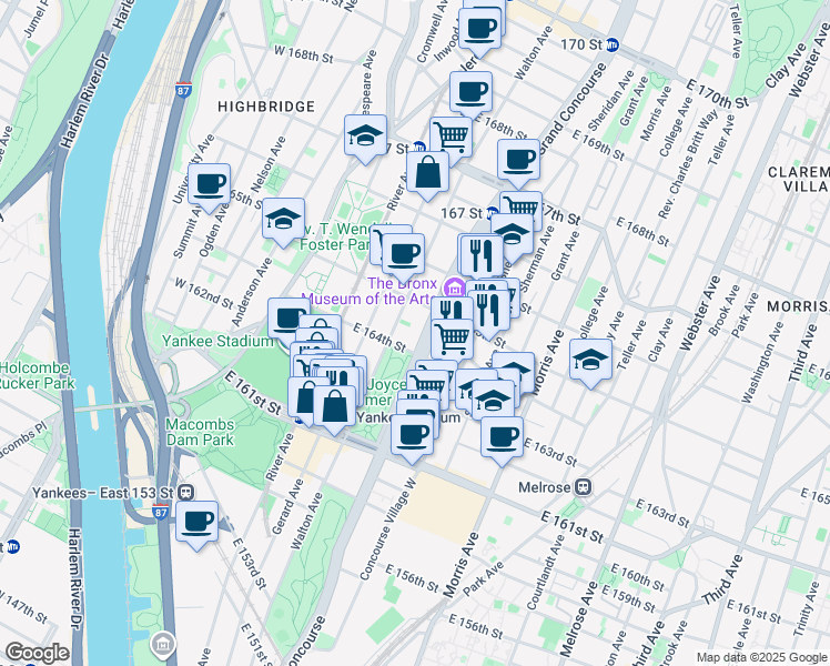 map of restaurants, bars, coffee shops, grocery stores, and more near 1001 Grand Concourse in Bronx