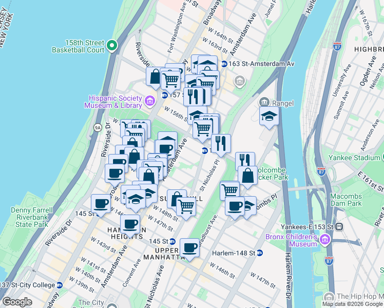 map of restaurants, bars, coffee shops, grocery stores, and more near 455 West 153rd Street in New York