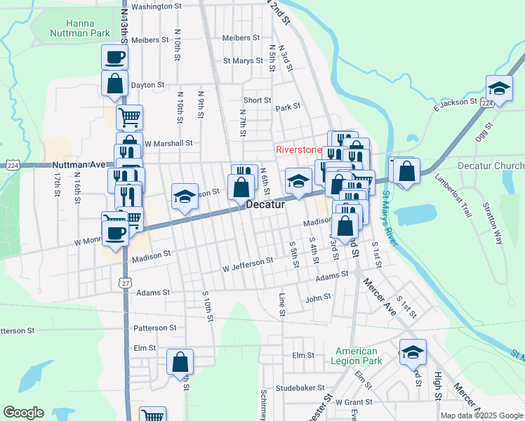 map of restaurants, bars, coffee shops, grocery stores, and more near 119-199 North 7th Street in Decatur