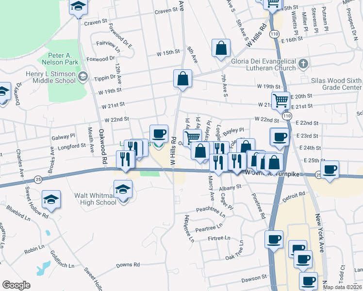 map of restaurants, bars, coffee shops, grocery stores, and more near 76 Oakley Drive in Huntington Station