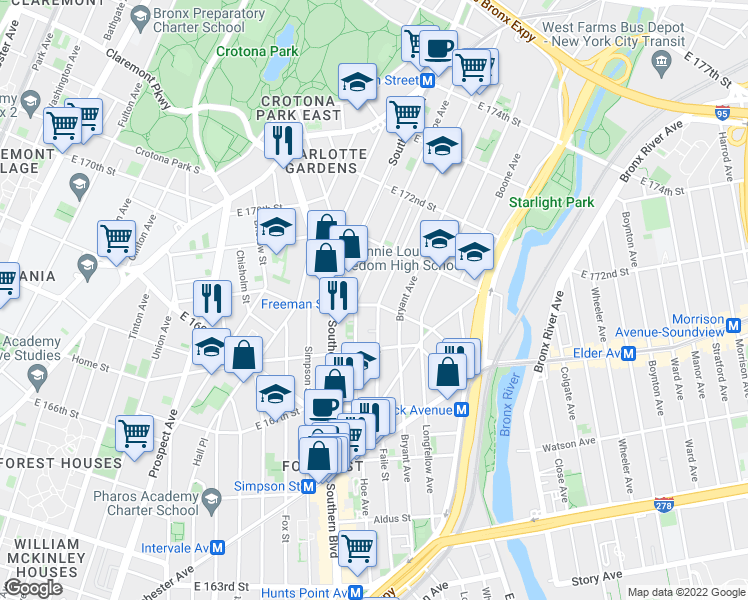 map of restaurants, bars, coffee shops, grocery stores, and more near 1407 Vyse Avenue in Bronx