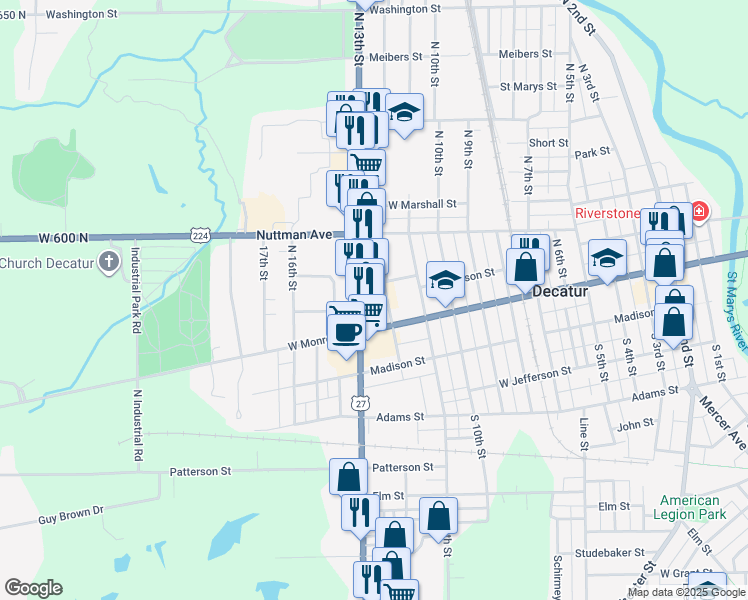 map of restaurants, bars, coffee shops, grocery stores, and more near 206 North 13th Street in Decatur