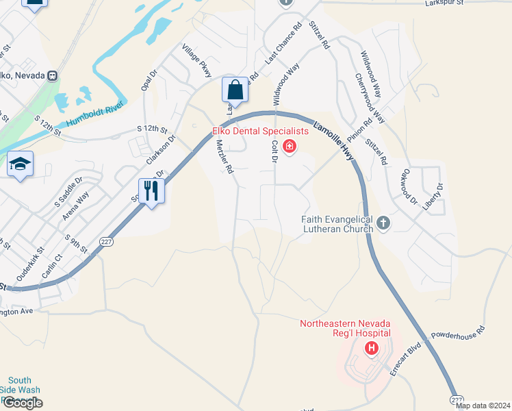 map of restaurants, bars, coffee shops, grocery stores, and more near 1640 Winchester Drive in Elko