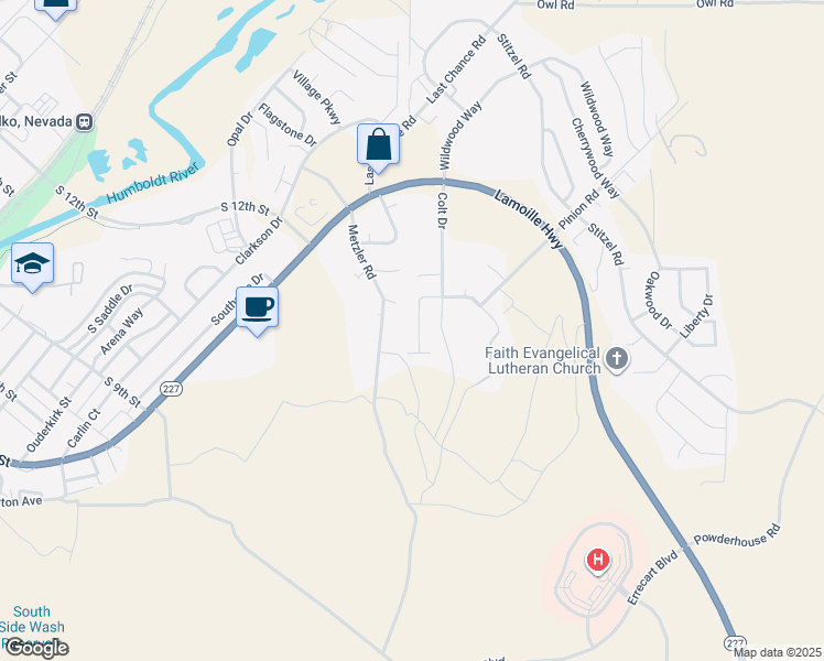 map of restaurants, bars, coffee shops, grocery stores, and more near 1625 Winchester Drive in Elko
