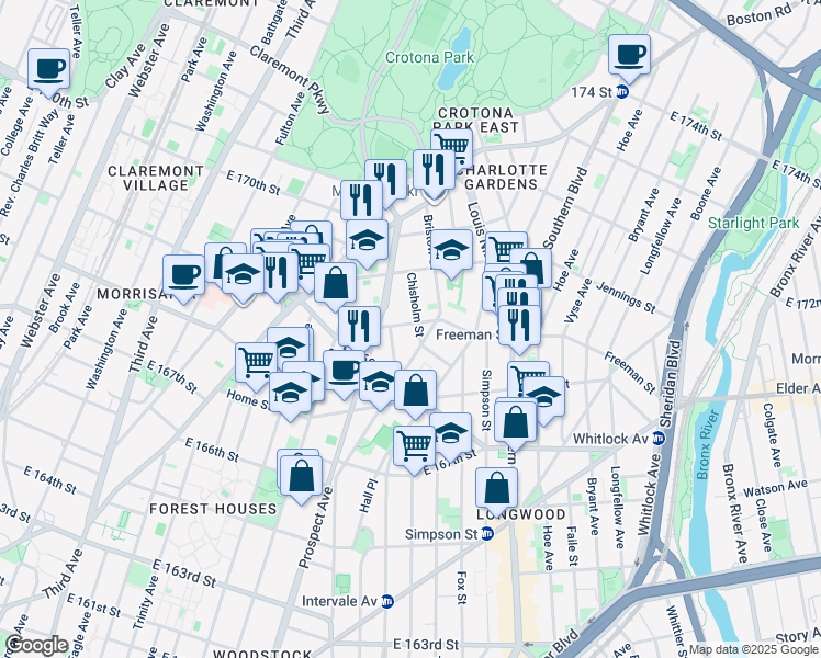 map of restaurants, bars, coffee shops, grocery stores, and more near 848 Freeman Street in The Bronx