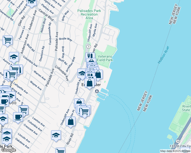 map of restaurants, bars, coffee shops, grocery stores, and more near 1034 River Road in Edgewater