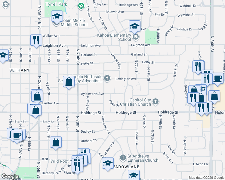 map of restaurants, bars, coffee shops, grocery stores, and more near 1700 Bedloe Court in Lincoln